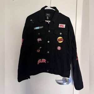 Forever 21 distressed black denim jacket with patches